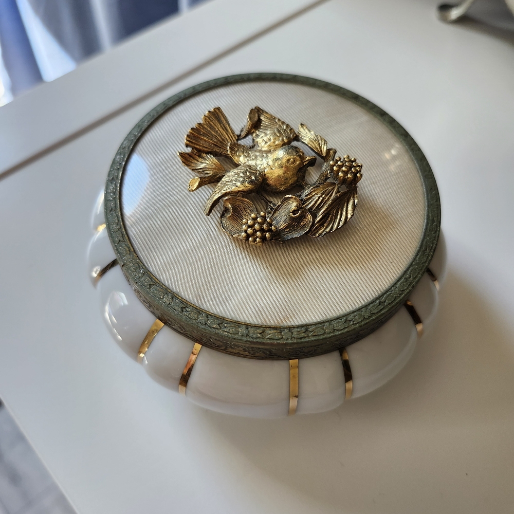 Vintage White Glass Jewelry Trinket Box with Gold Bird Accent